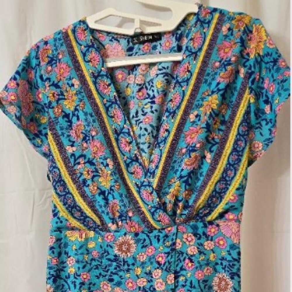 Shein Boho Chic Mini Wrap Sundress in Gypsy Turquoise Floral Print Size L